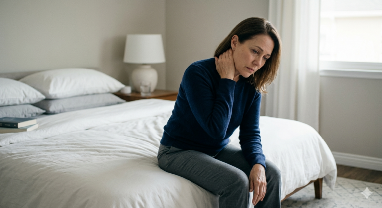 A high-quality, calming photo of a professional woman (age 45+) sitting on the edge of a bed, gently touching her neck with a look of exhaustion