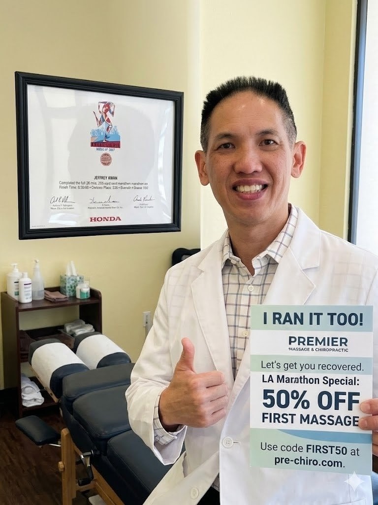 You conquered the 26.2 miles, now let Dr. Kwan conquer those knots—book your post-marathon recovery at Premier Massage & Chiropractic and get 50% off your first massage with code FIRST50!