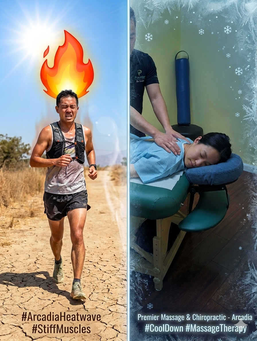 A split screen. On the left, a "stiff" looking runner in the sun with a cartoon flame emoji. On the right, a calm, relaxed patient receiving a massage in a cool, dimly lit room at Premier Massage & Chiropractic with a "snowy" or "ice" filter.