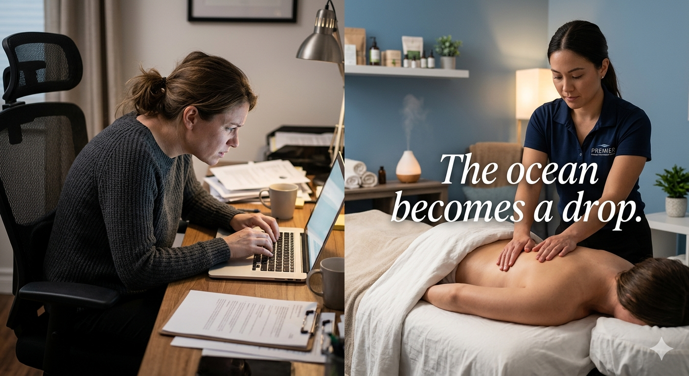 On the left, a "stiff" looking mannequin or a photo of a person hunched over a laptop. On the right, a serene photo of a massage session at the clinic with the quote: "The ocean becomes a drop."