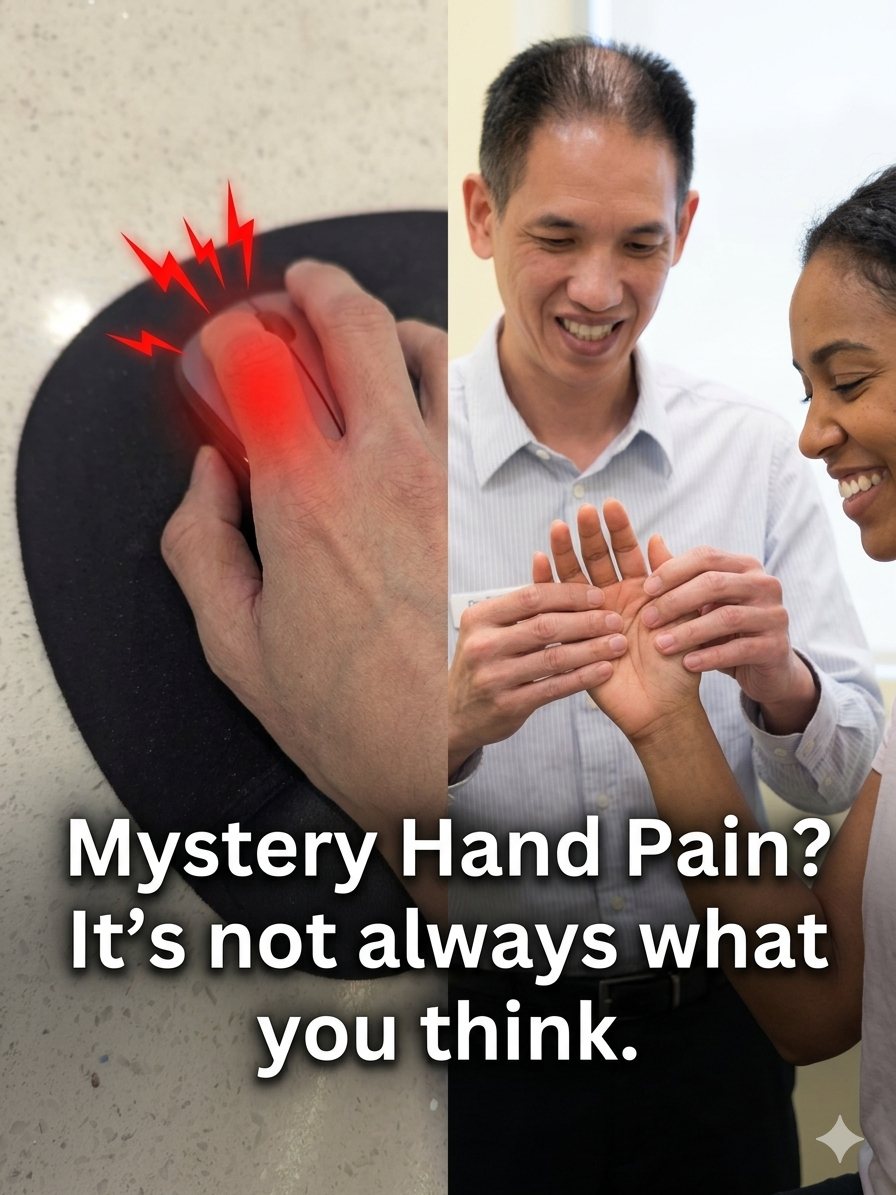 Left side: A close-up, slightly blurred photo of a hand on a computer mouse with a "lightning bolt" or "red glow" overlay on the pointer finger. Right side: A bright, clear photo of Dr. Kwan performing a gentle finger or wrist adjustment on a smiling patient. Overlay Text: "Mystery Hand Pain? It’s not always what you think."