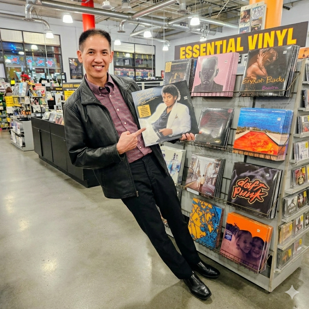Dr. Kwan smiling and pointing to the Thriller vinyl.