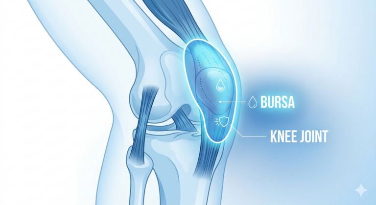 A close-up of a knee joint diagram highlighting the bursa.
