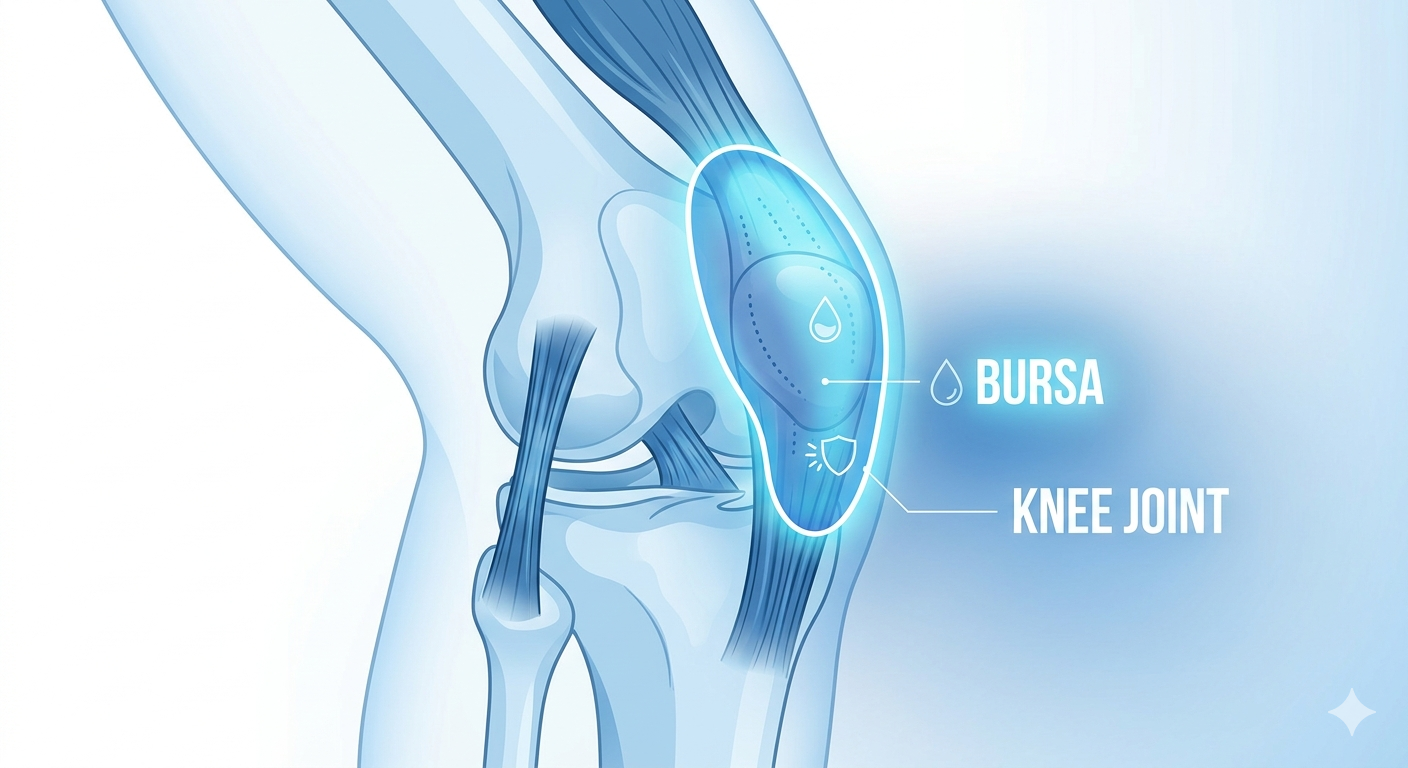 A close-up of a knee joint diagram highlighting the bursa.