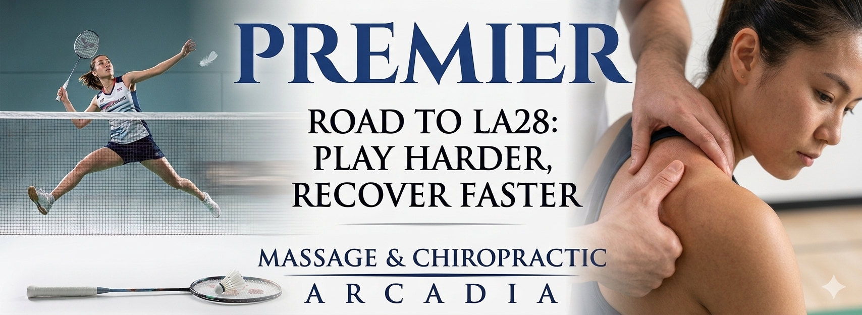 A high-speed photo of a badminton smash transitioned into a close-up of a deep tissue massage on a shoulder. Overlay text: "Road to LA28: Play Harder, Recover Faster."