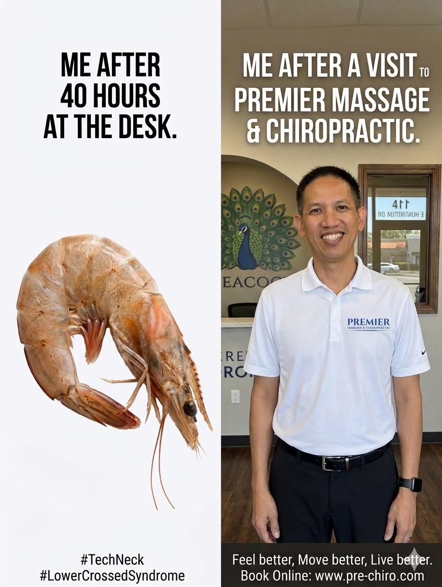 The "Shrimp vs. Human" Meme Style: A split-screen image. On the left, a photo of a literal shrimp (captioned: "Me after 40 hours at the desk"). On the right, a bright, professional photo of Dr. Kwan or a patient standing tall and smiling in the clinic (captioned: "Me after a visit to Premier Massage & Chiropractic"). Local Touch: Use a background element in the "Human" side that looks like the Arcadia Peacock or the Huntington Drive street sign to ground it in the community.