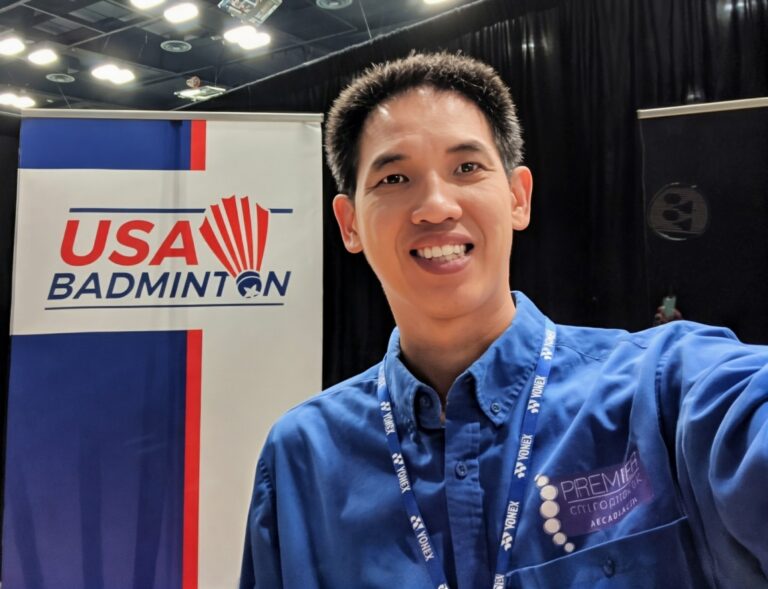 A high-action, professional shot of a badminton player mid-jump-smash, split-screened with a clean, bright photo of Cassandra or the chiropractic adjustment room at the Arcadia clinic. Overlay text: "Official Medical Team: 2026 Yonex US Open – Join Us!" with the clinic logo and the tournament logo.