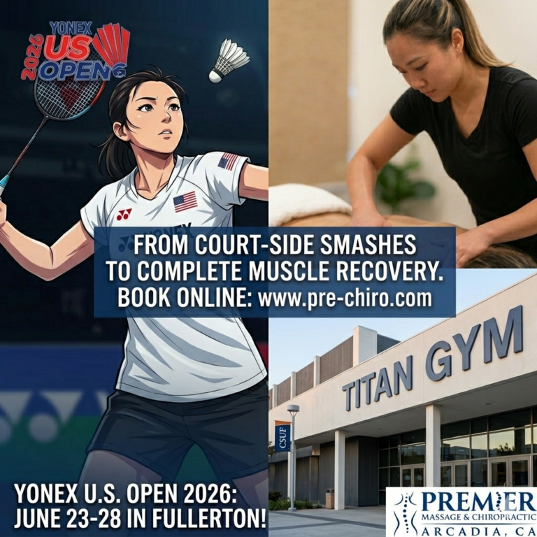 A high-quality split-screen or side-by-side digital graphic overlay. Left Side: A dynamic action photo of a badminton player mid-air executing a powerful jump smash (similar to the provided promotional images from USA Badminton), with text overlay: "YONEX U.S. Open 2026: June 23–28 in Fullerton!" Right Side: A professional, calming image of Cassandra CMT performing a targeted shoulder or upper back sports massage therapy session at the clinic, with the clean blue logo of Premier Massage & Chiropractic of Arcadia clearly visible at the bottom. Central Banner Text: "From Court-Side Smashes to Complete Muscle Recovery. Book Online: www.pre-chiro.com"