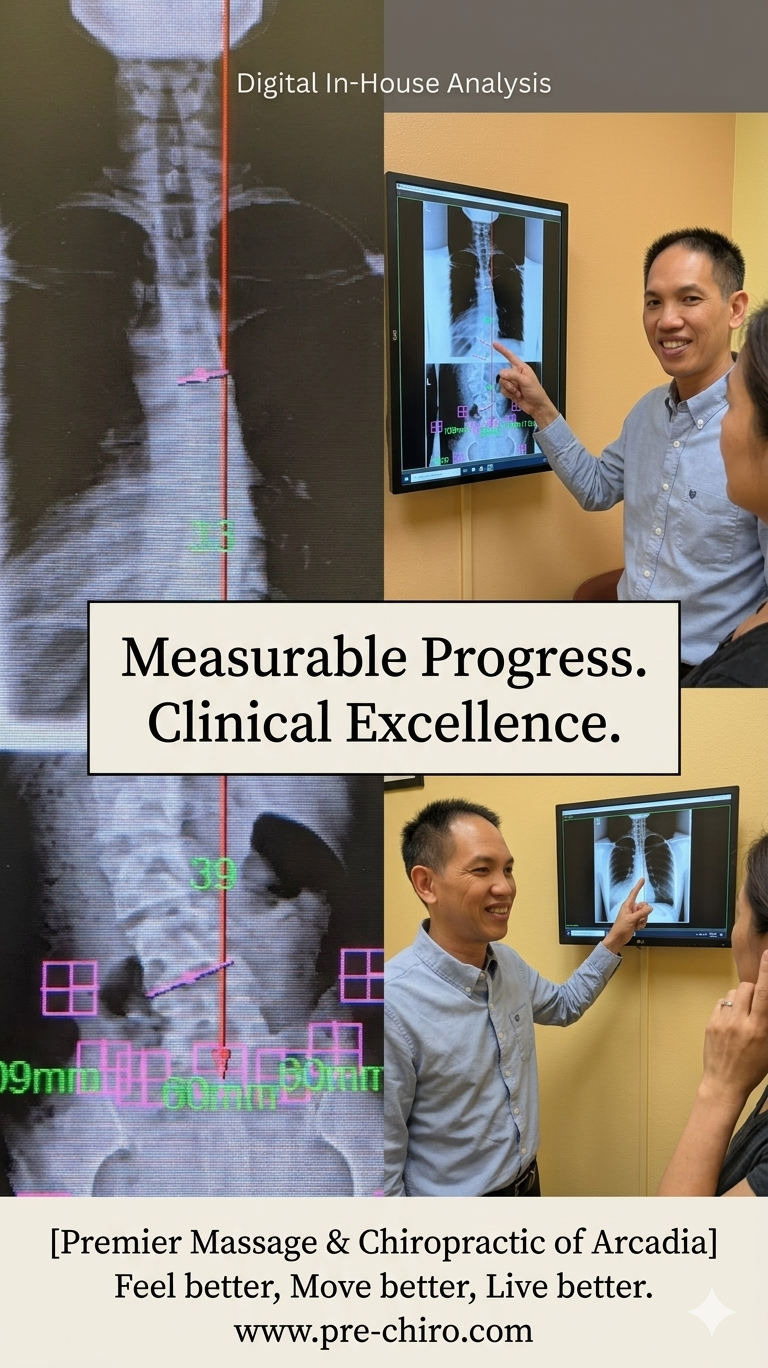The "Progress Comparison" Visual: A split-screen graphic. On the left, a professional-looking digital X-ray showing a spinal curvature (Scoliosis). On the right, an image of Dr. Kwan pointing to a digital monitor showing an X-ray to a patient. Use an overlay text that says: "Measurable Progress. Clinical Excellence." and include the website URL at the bottom.