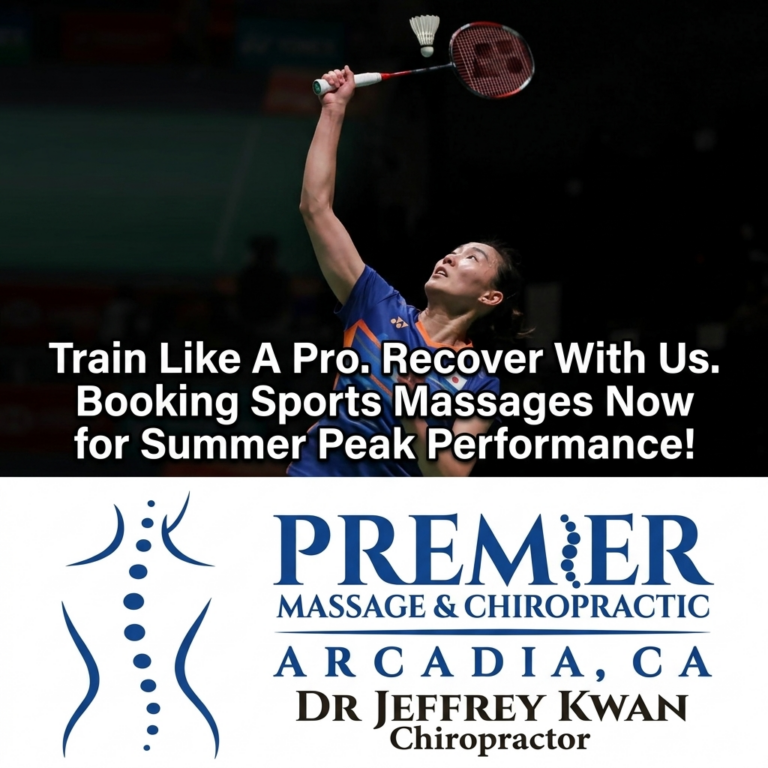 a high-quality stacked multi-image digital graphic. On the top side, feature an intense, high-action shot of an athlete reaching up for an overhead smash. On the bottom side, crop in neatly on the clean, professional corporate branding of the clinic displaying the prominent "PREMIER MASSAGE & CHIROPRACTIC" text along with the spine graphic illustration. Overlay text: Add a clean, bold text banner across the middle that reads: "Train Like A Pro. Recover With Us. Booking Sports Massages Now for Summer Peak Performance!"