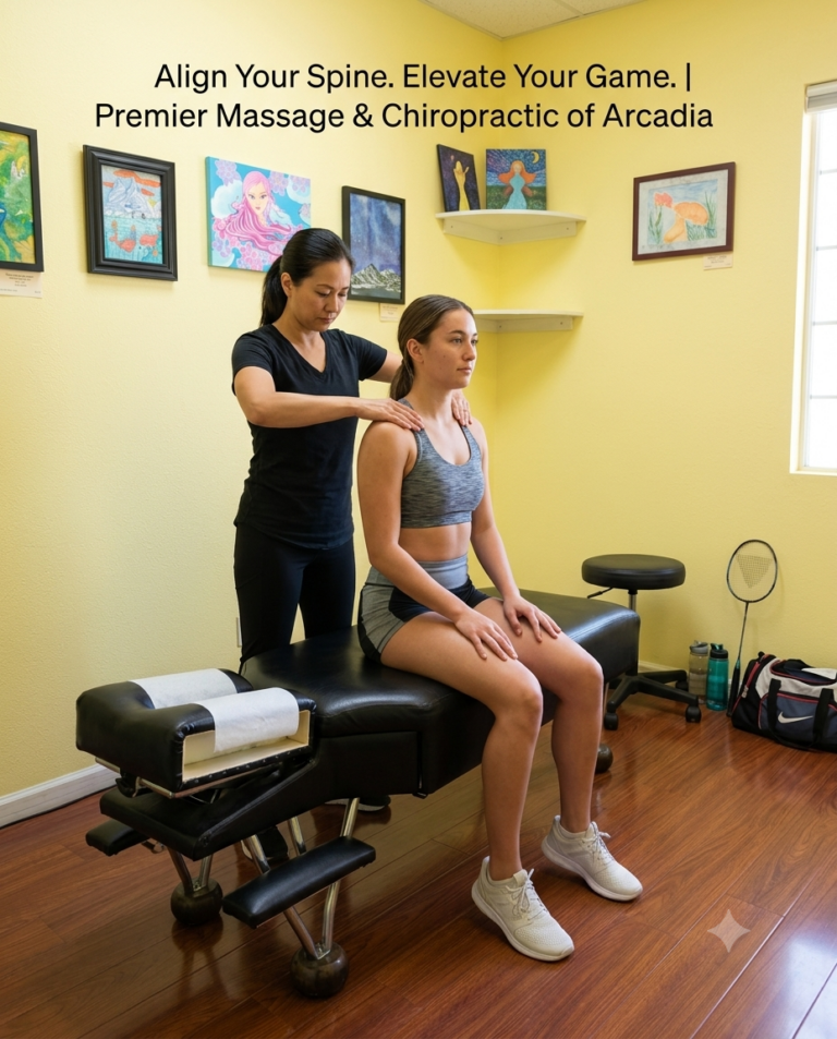 An athletic individual sitting on a chiropractic treatment table in a modern, well-lit clinic setting, receiving a targeted thoracic spine assessment or gentle adjustment from a practitioner. In the background, subtle athletic equipment (like an unbranded badminton racket resting near a sports bag) is visible to resonate with local SGV athletes.